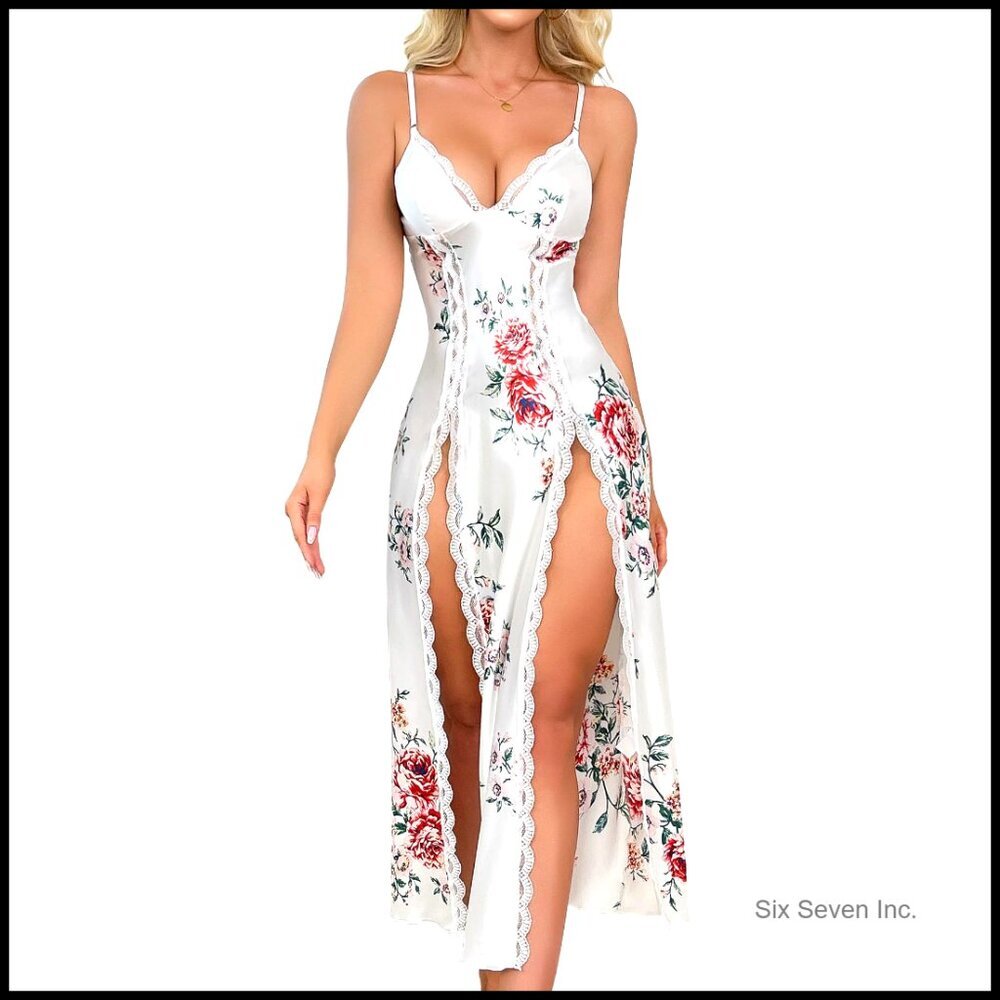 Lace Lingerie Dress Elegant V-Neck Side Split Nightgown Adjustable Straps